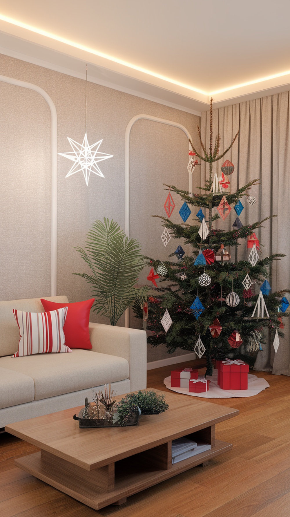 A modern Christmas tree decorated with red, blue, and white ornaments in a cozy living room setting.