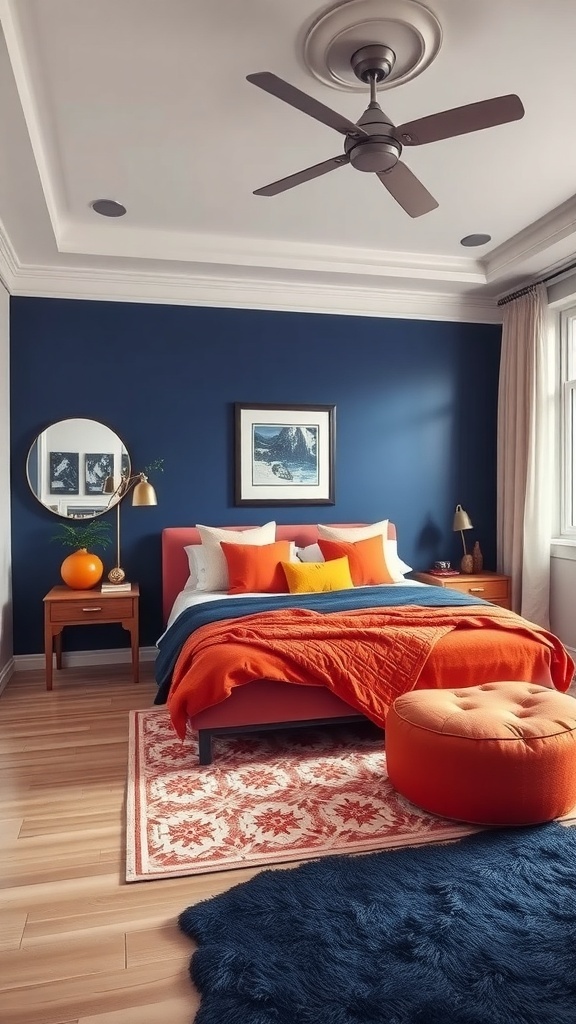 A vibrant bedroom with deep blue walls, orange bedding, and warm wooden furniture.