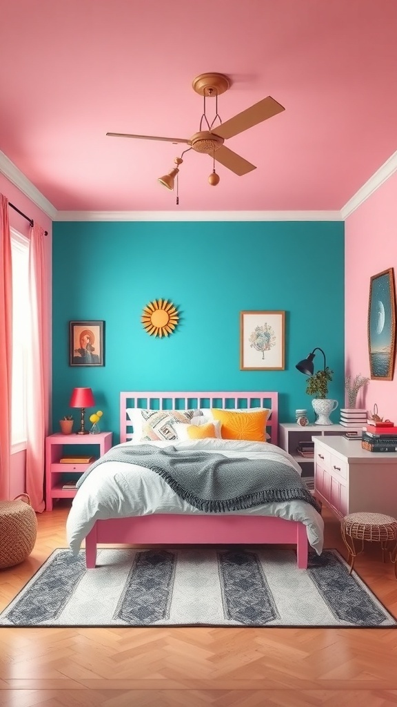 A teen bedroom featuring bold color palettes with pink and teal walls, a pink bed frame, and colorful decorative pillows.