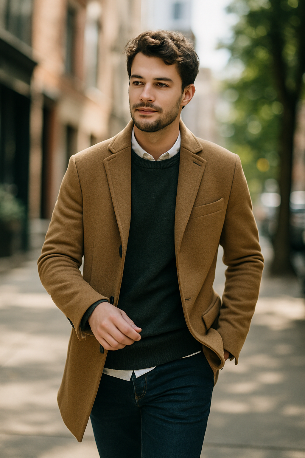 A stylish man wearing a brown coat and a dark sweater, walking confidently on a city street.