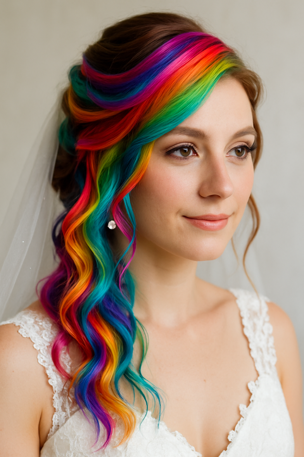 A bride with vibrant rainbow highlights in her hair, styled in soft waves.