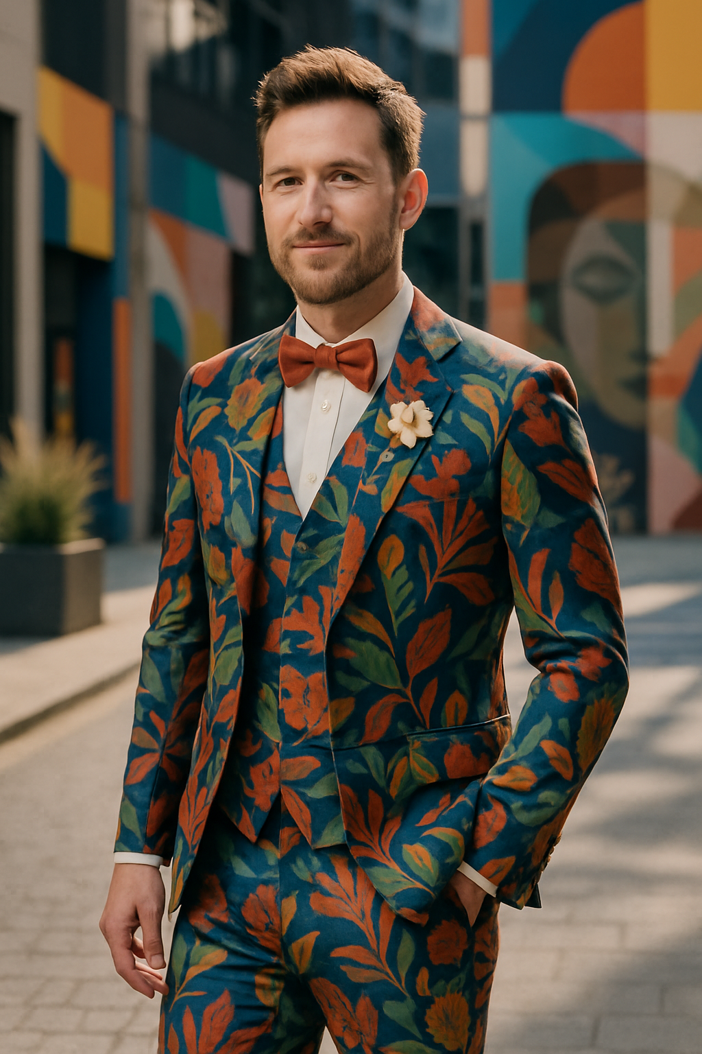 A groom wearing a vibrant floral suit with a bow tie, standing confidently in an urban setting.