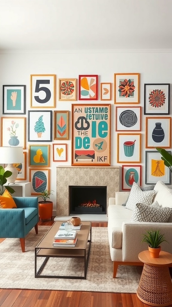 A gallery wall featuring colorful framed art in various patterns and designs, with a cozy living room setting.