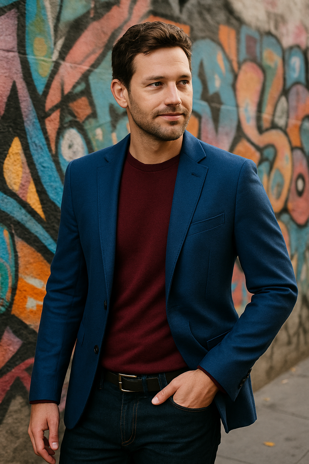 A man wearing a royal blue blazer and a burgundy sweater, standing in front of a colorful graffiti wall.
