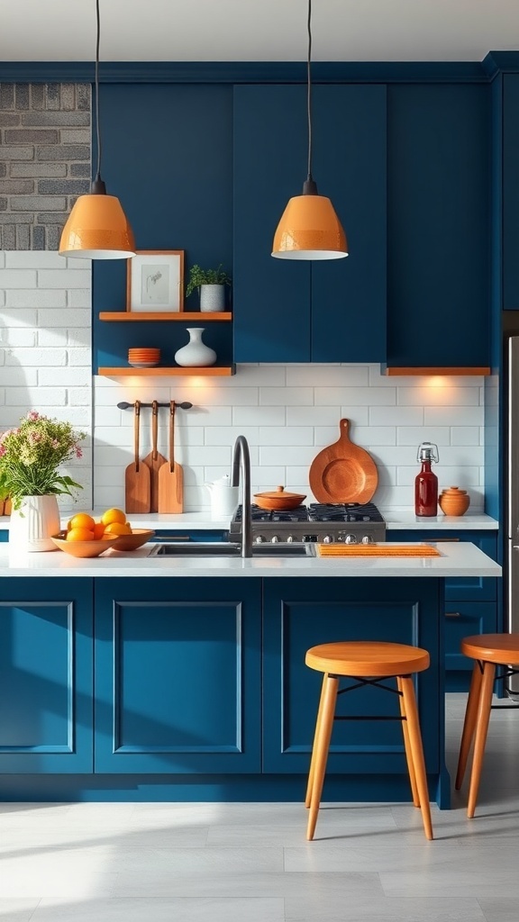 A colorful kitchen featuring bold blue cabinetry and orange accents.