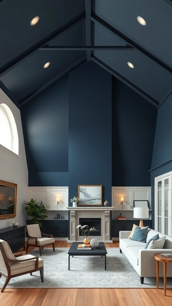 Living room with vaulted ceiling painted in deep navy blue, featuring light furniture and wooden accents.