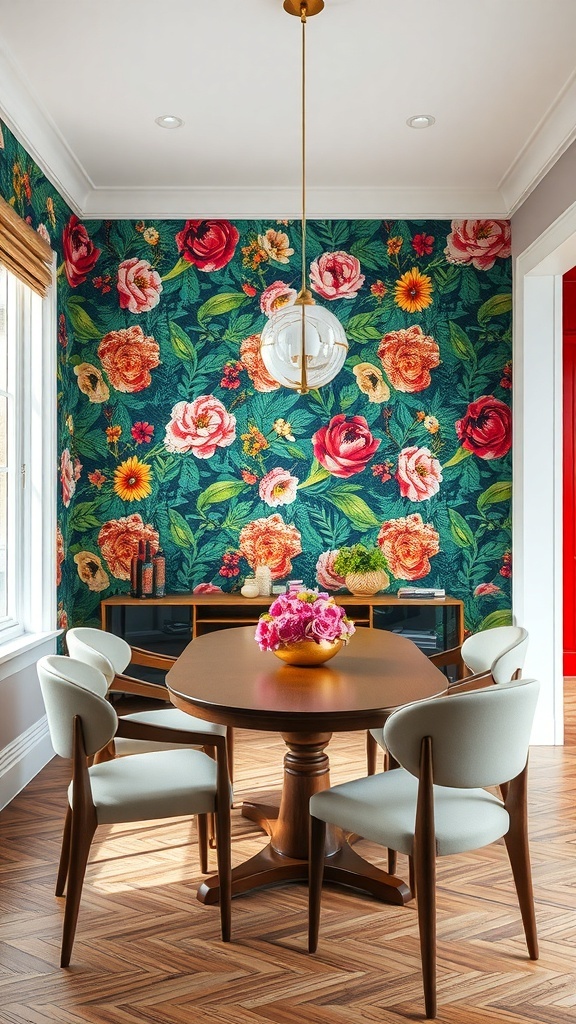 A dining area featuring bold floral wallpaper with large flowers in vibrant colors against a green background.