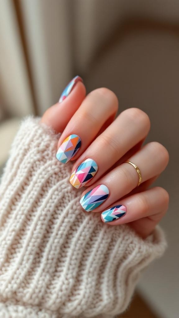 A close-up of hands with bright summer nails featuring bold geometric patterns in various colors.