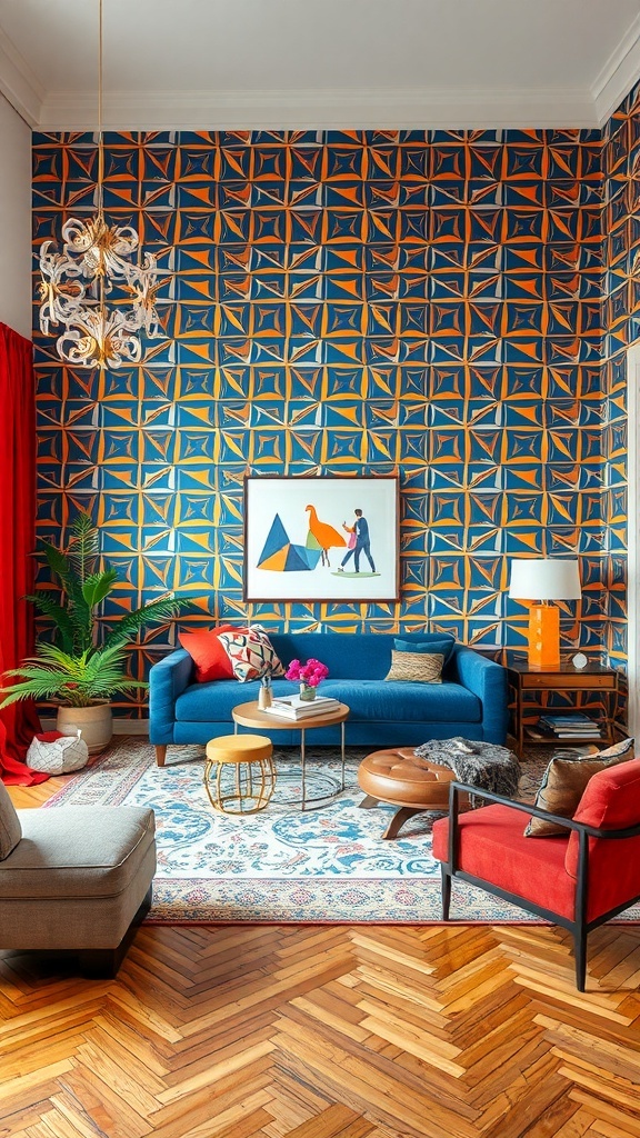 A living room featuring bold geometric wallpaper in blue and orange, with a blue sofa and red chairs.