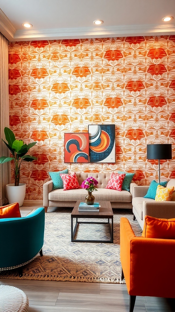 Living room with a bold geometric patterned feature wall in warm tones, complemented by colorful furniture.