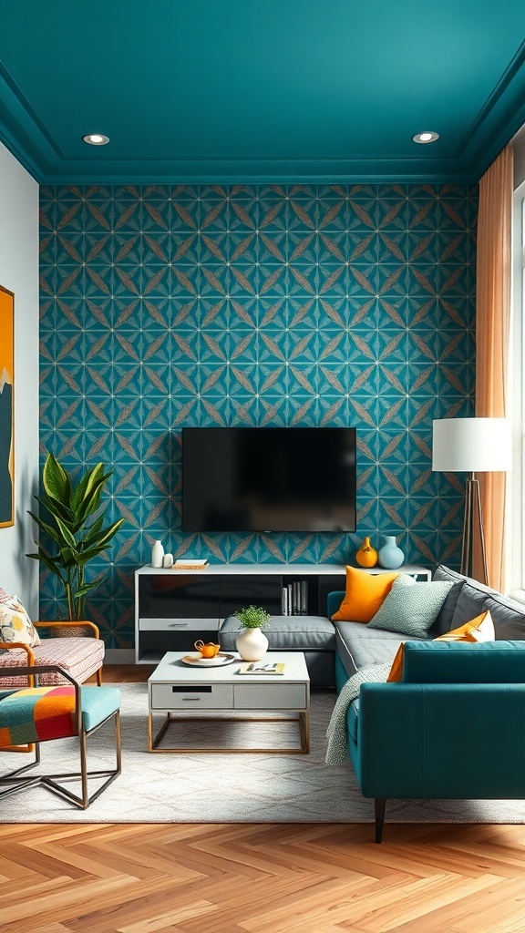 Living room with a bold geometric accent wall in teal and a stylish decor