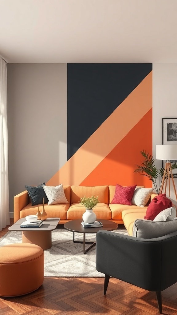 Living room with a bold geometric accent wall featuring navy and orange colors.