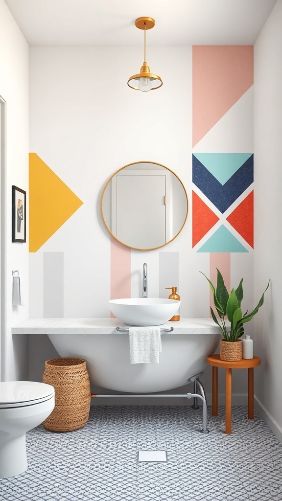 A bathroom with bold geometric patterns on the walls, featuring vibrant colors and modern fixtures.