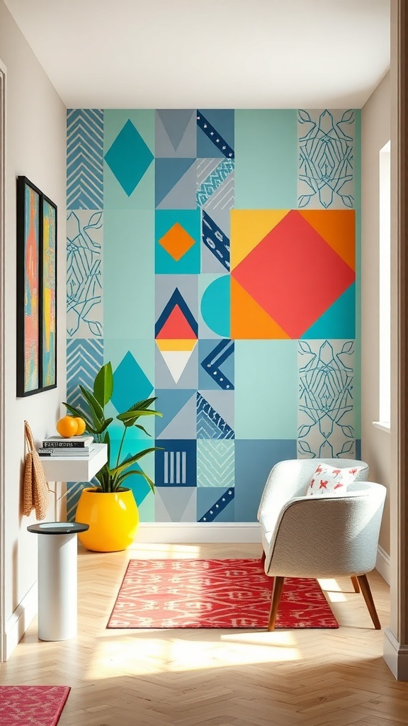 A hallway with a bold geometric accent wall featuring various shapes and colors.