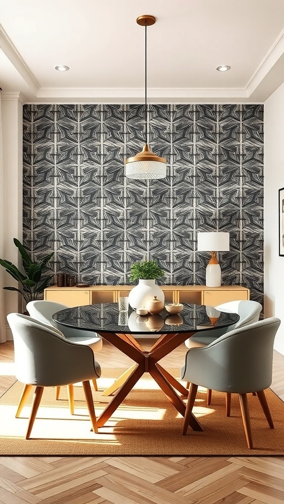 Dining room with a bold geometric accent wall, round table, and modern chairs.