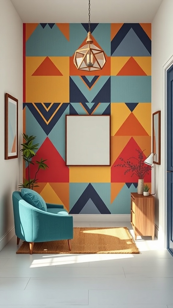 A colorful geometric accent wall in an entryway with a teal chair and wooden furniture.