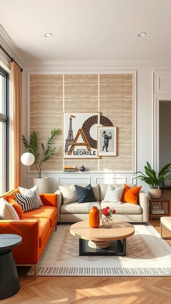 Living room with a bold geometric accent wall and stylish furniture.