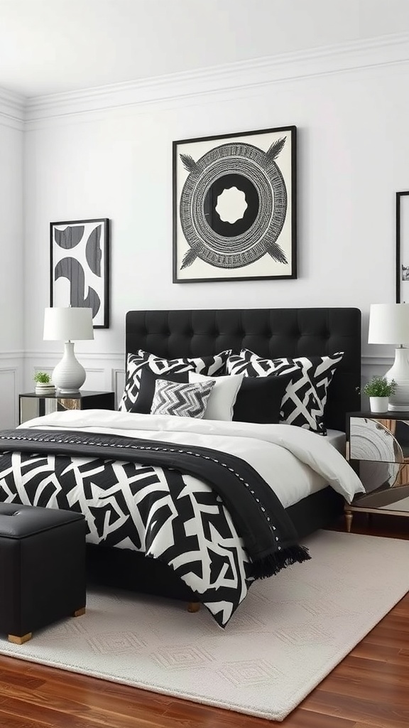 A stylish black and white bedroom featuring bold geometric patterns in the bedding and artwork.