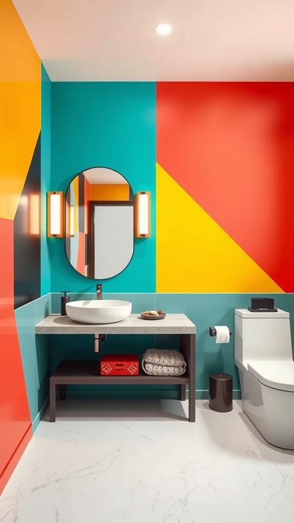 A bathroom featuring bold geometric patterns in vibrant colors like teal, red, yellow, and orange.