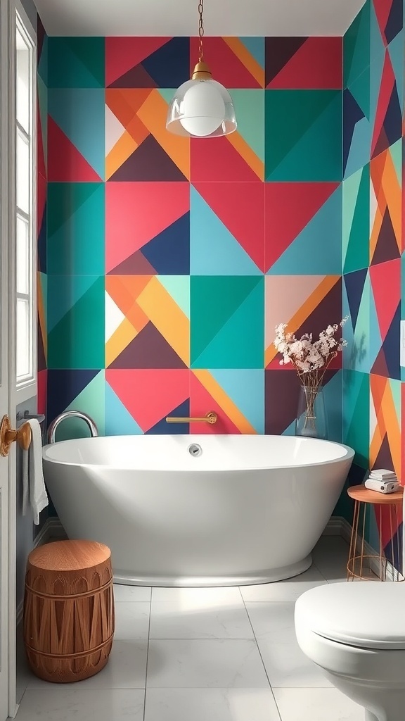 A bathroom featuring bold geometric patterns on the wall with a freestanding bathtub.