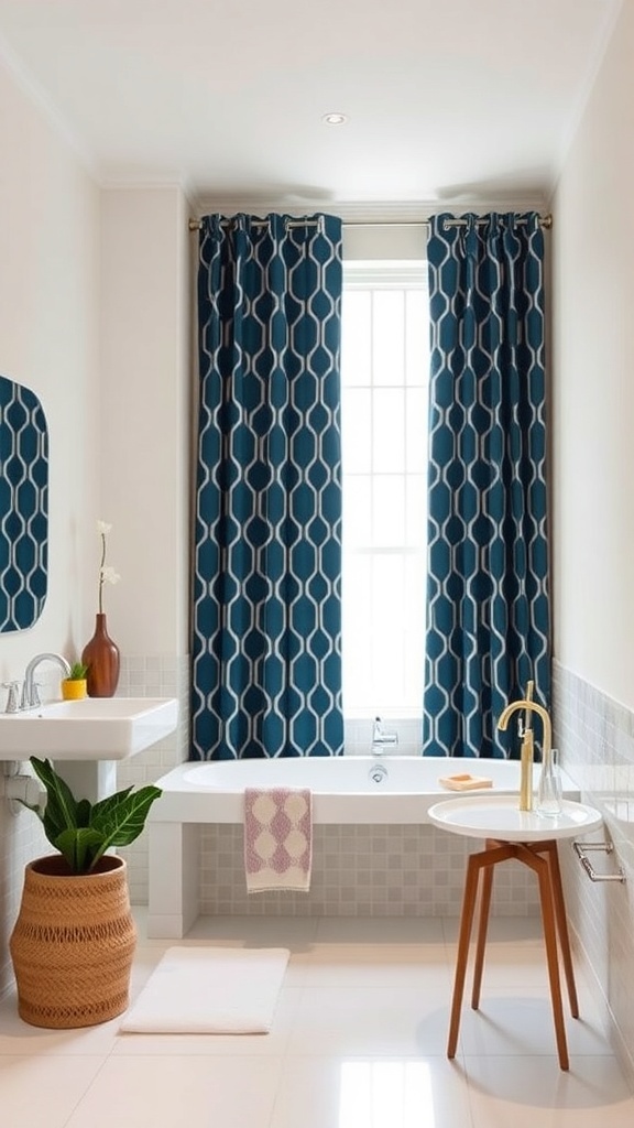 A bathroom featuring bold geometric patterned curtains in blue and white, with a modern sink and plant.