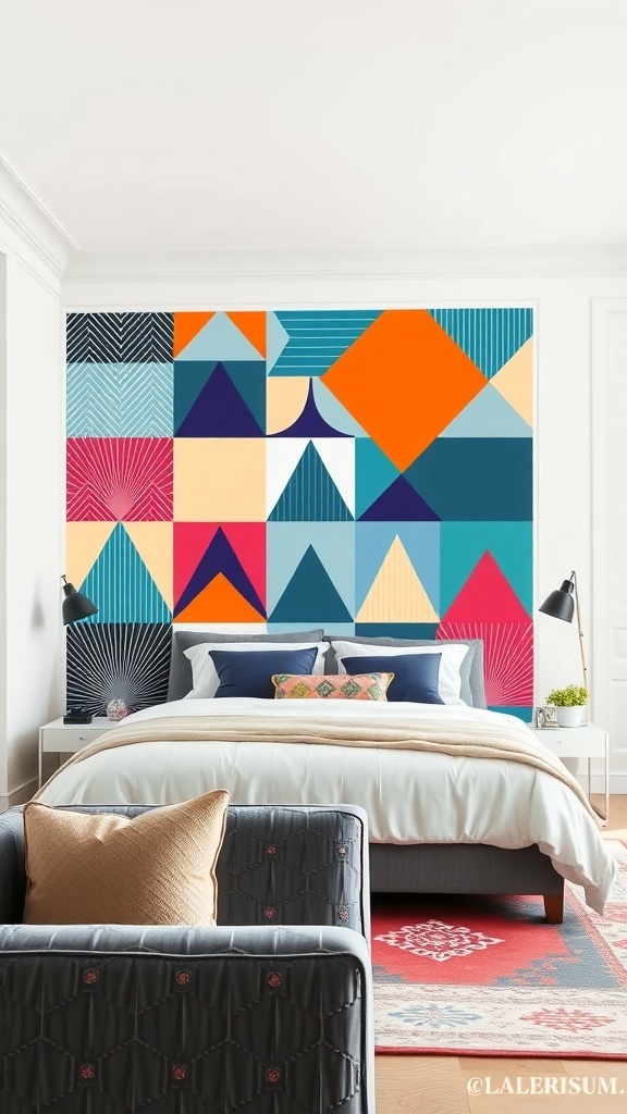 A bedroom featuring a bold geometric patterned wall with various shapes and colors.