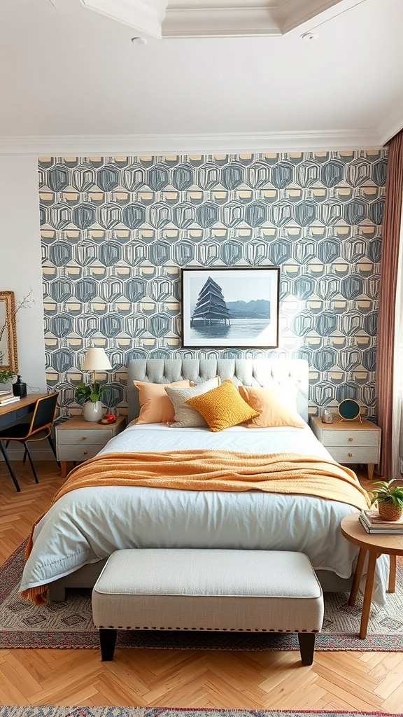 A stylish bedroom featuring bold graphic wallpaper with geometric patterns, complemented by light bedding and orange accents.