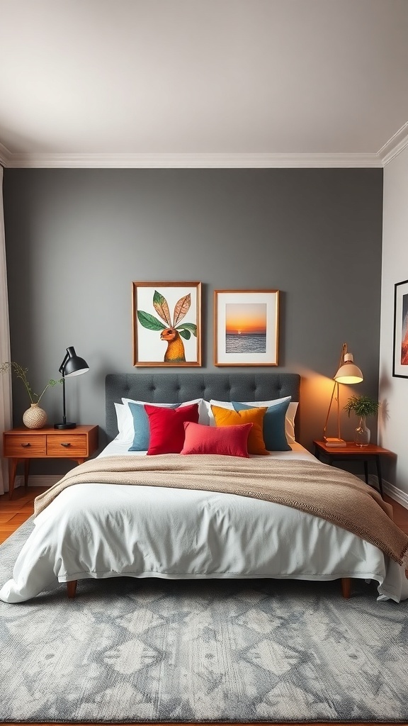 A stylish bedroom featuring a bold grey wall, white bedding, colorful pillows, and decorative artwork.