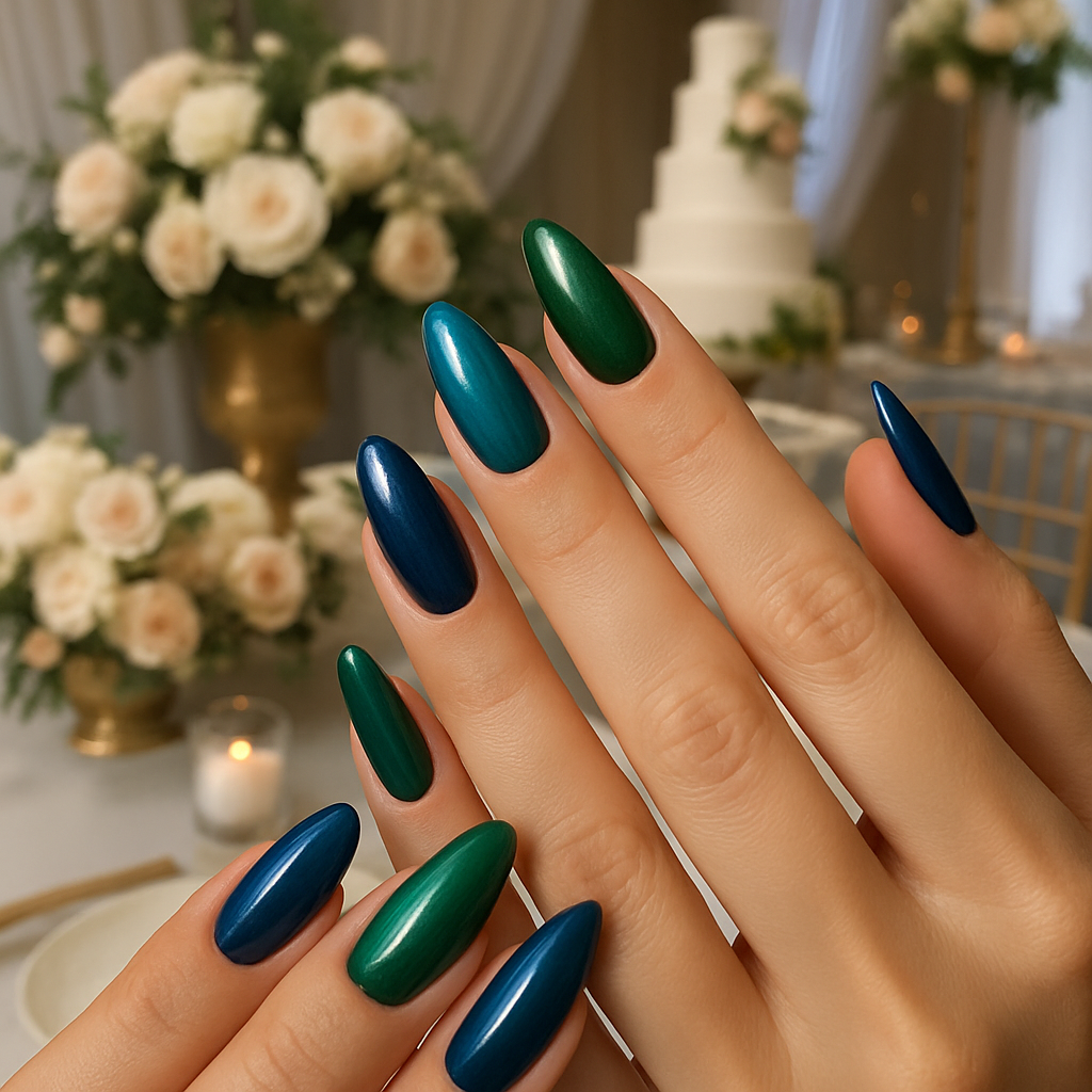 Close-up of hands with jewel-toned nails in green and blue shades, set against a wedding backdrop.