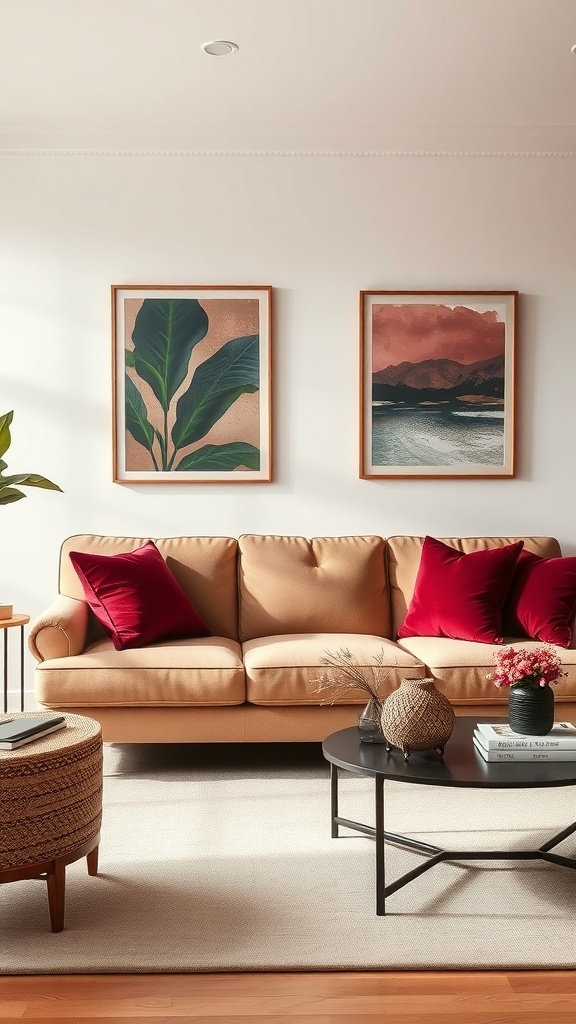 A cozy living room featuring a light brown couch with red pillows, surrounded by vibrant artwork and decor.