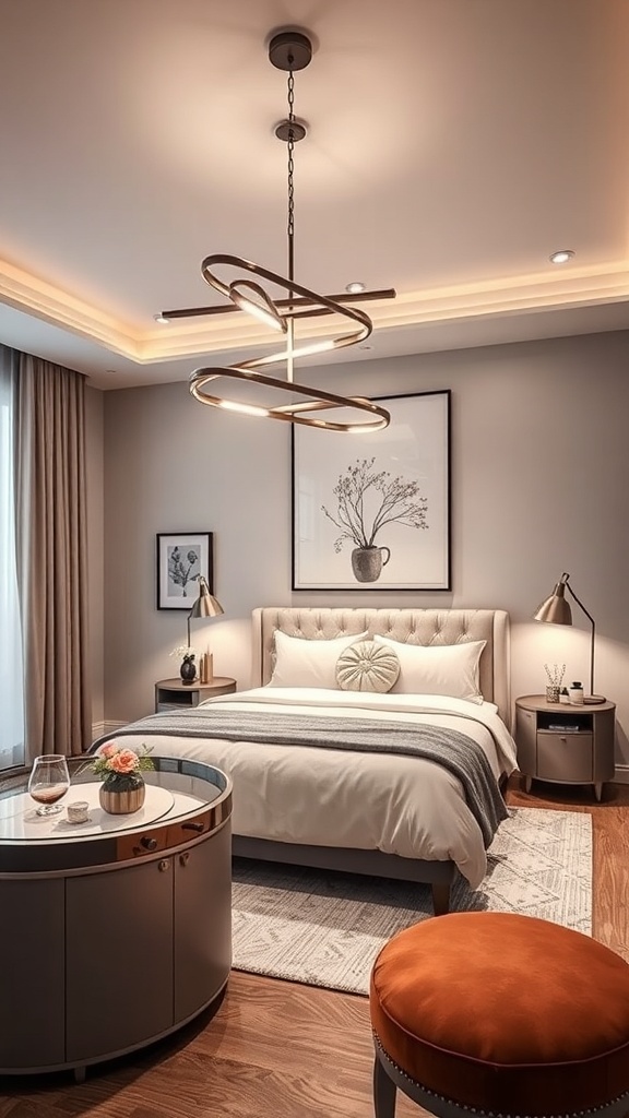 Modern bedroom featuring a unique chandelier and stylish decor