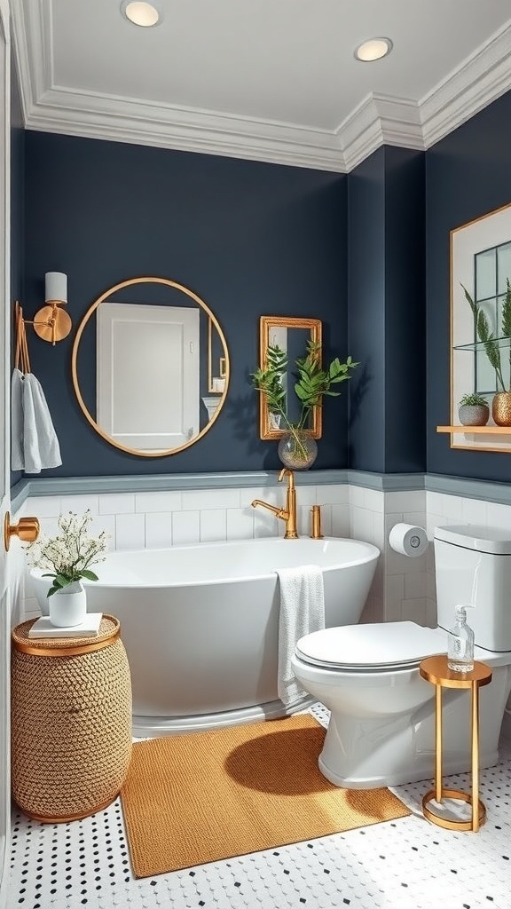 A stylish bathroom featuring bold navy blue walls, gold accents, and modern fixtures.