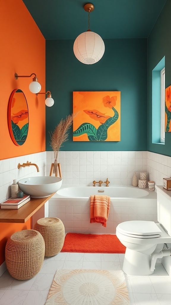 A stylish bathroom featuring bold teal and orange paint colors with modern decor.