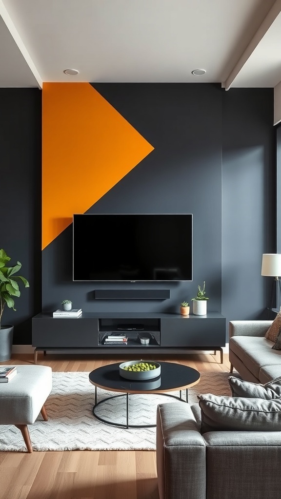 Living room with a dark gray accent wall featuring a bold orange geometric pattern, a mounted TV, and modern furniture.