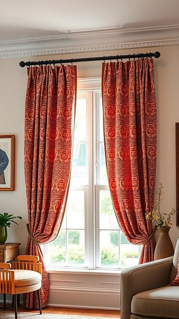 A cozy living room with bold patterned red curtains on a double curtain rod, framing a window.