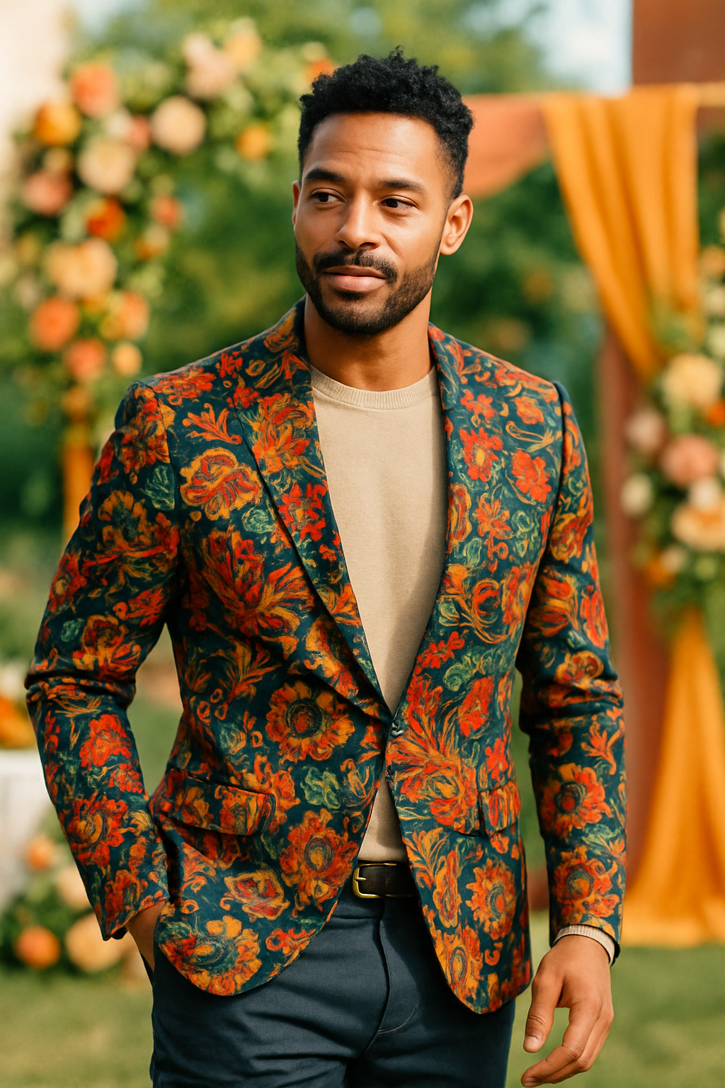 A man wearing a bold floral patterned blazer at a wedding.