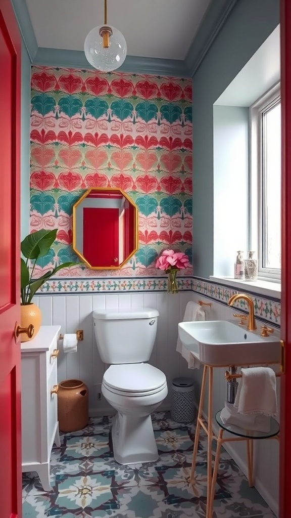 A small bathroom featuring bold floral wallpaper in red, teal, and pink, with a bright red door and stylish fixtures.