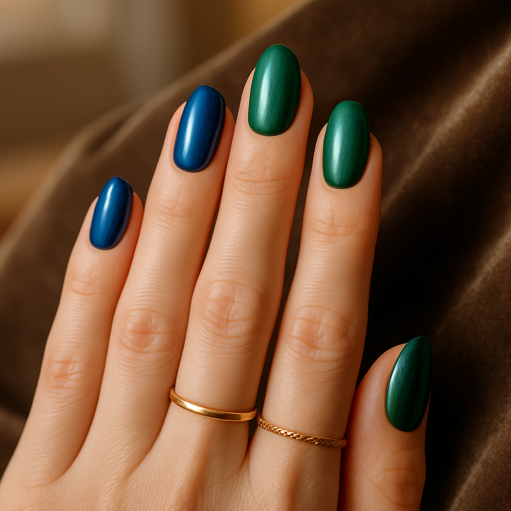 A hand with bold blue and green pearl nails, adorned with gold rings.