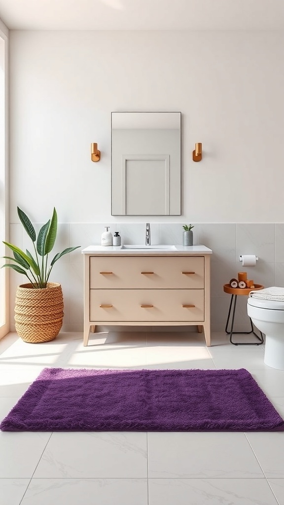 A bathroom featuring a bold purple bath mat, light-colored tiles, a modern vanity, and a potted plant.