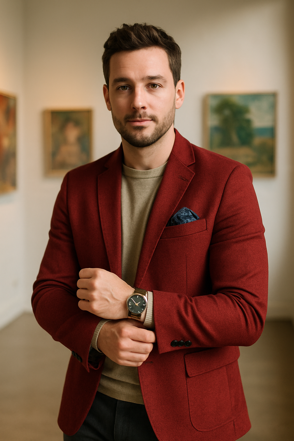 A man wearing a red blazer with a neutral sweater and stylish accessories.