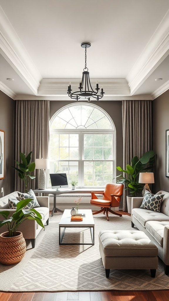 A stylish living room with a tray ceiling and bold color scheme featuring stripes.