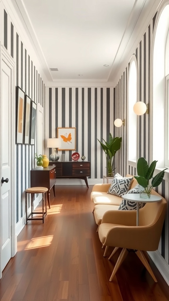 A stylish hallway with bold black and white striped walls, wooden flooring, and modern furniture.