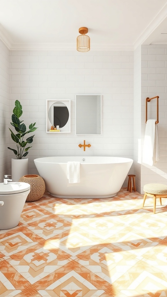 Modern bathroom featuring bold geometric tile patterns on the floor, a freestanding bathtub, and white walls.