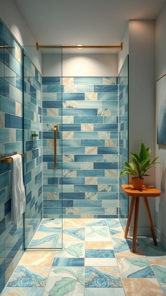 A beautifully designed small bathroom stand-up shower with bold blue tile patterns and a plant.