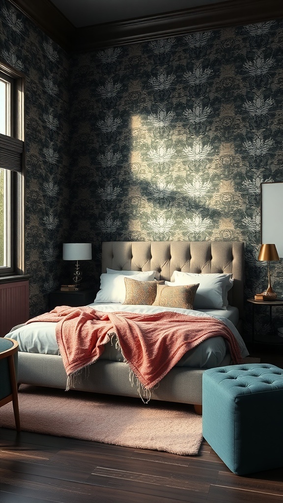 A stylish dark feminine bedroom featuring bold floral wallpaper, a cozy bed with pink accents, and elegant furniture.