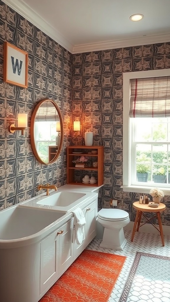 A stylish bathroom with bold patterned wallpaper, a freestanding bathtub, and modern fixtures.