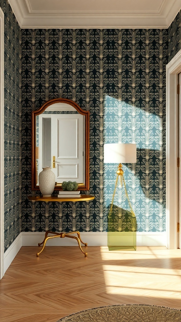 A foyer with dark blue bold wallpaper featuring elegant patterns, a mirror, a stylish lamp, and wooden flooring.