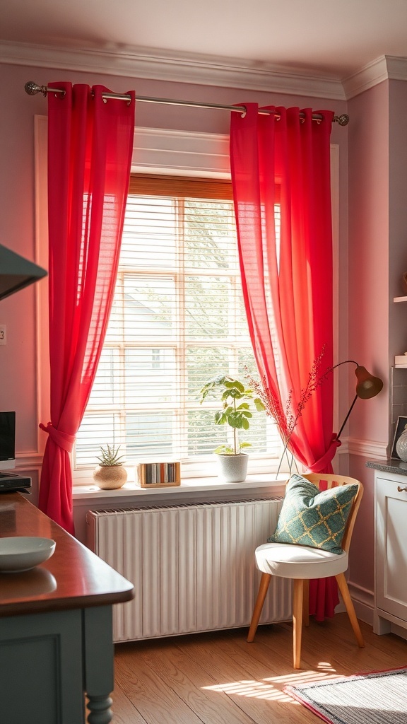 A colorful kitchen featuring bold red curtains, a window with blinds, and a cozy chair.