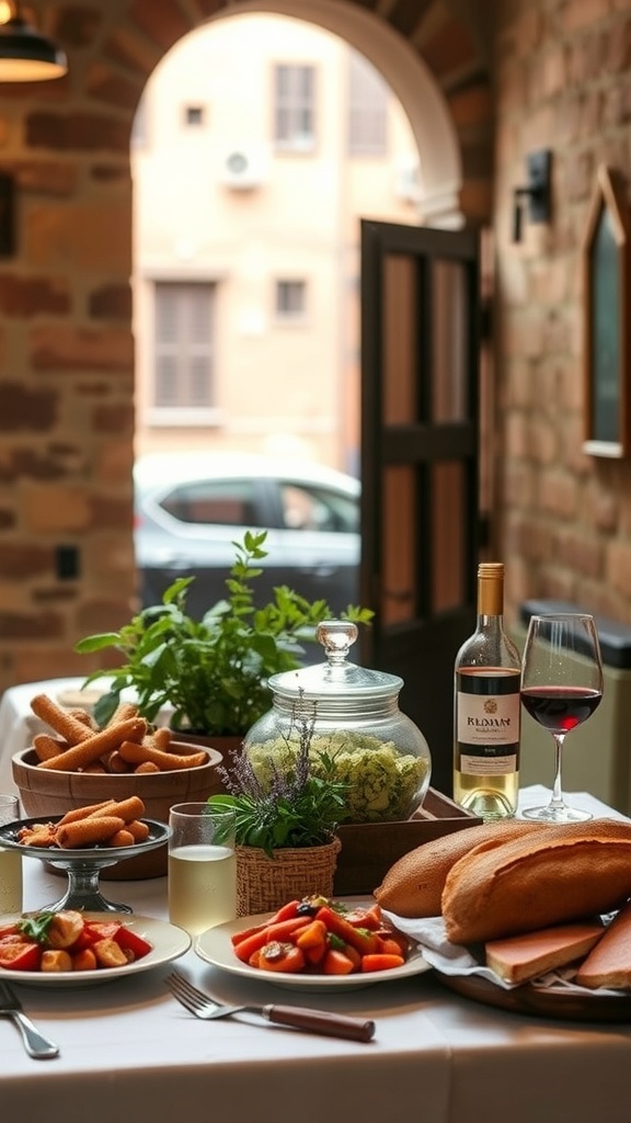 A beautifully arranged table with assorted Bolognese dishes, including bread, crocchette, wine, and salad.