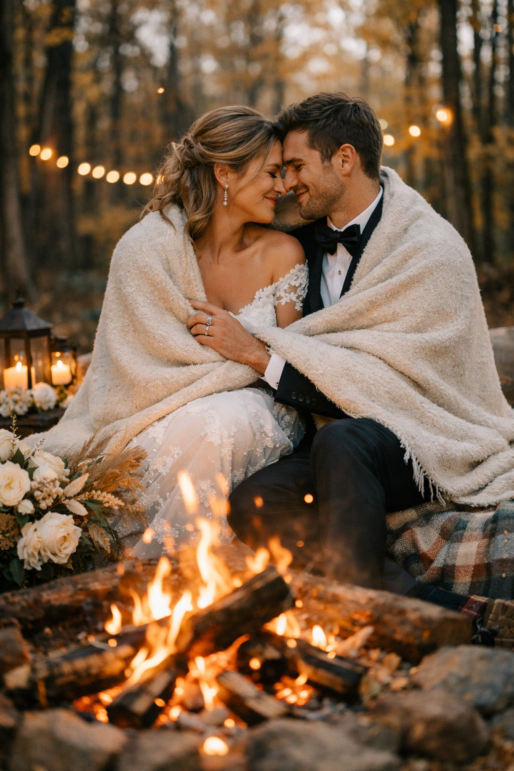 A couple wrapped in a blanket sitting by a bonfire, surrounded by flowers and soft lights.